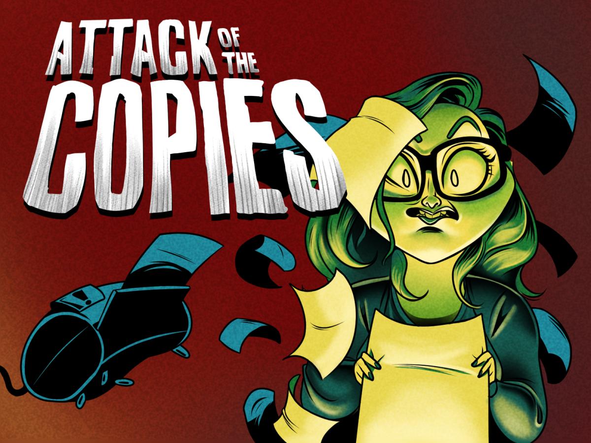 A printer atatcks an artist with copies